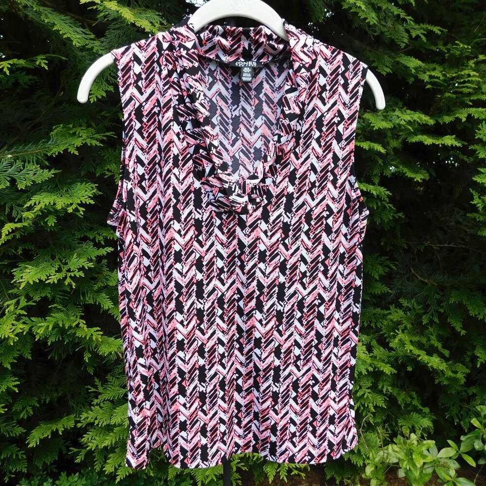 Jones New York Pink/Black/White Stretchy Ruched V-Neck Sleeveless Top